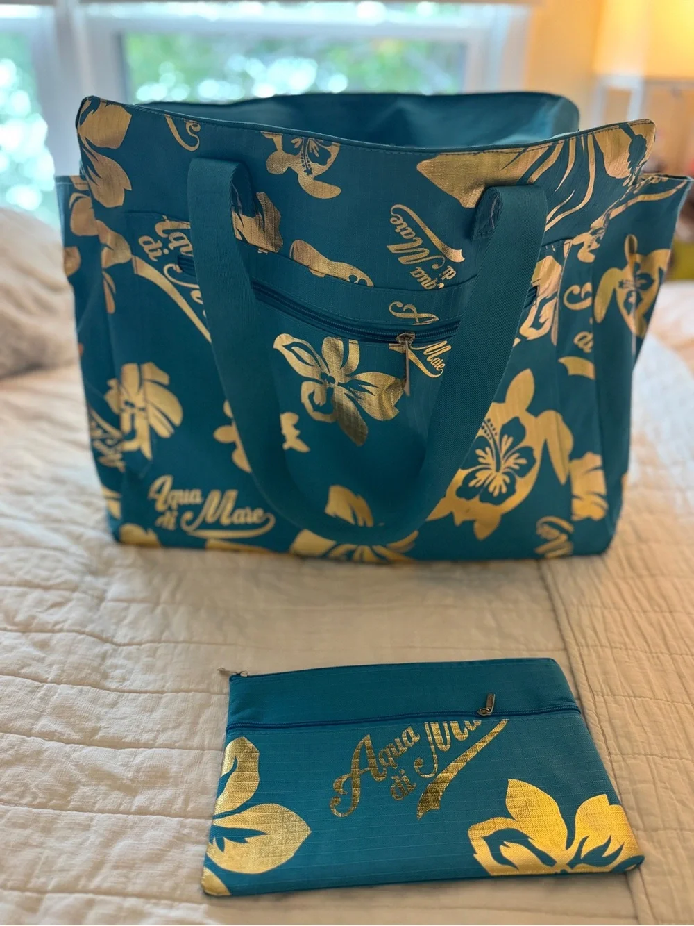 Teal Tote Bag with Gold Floral Accents and Matching Pouch